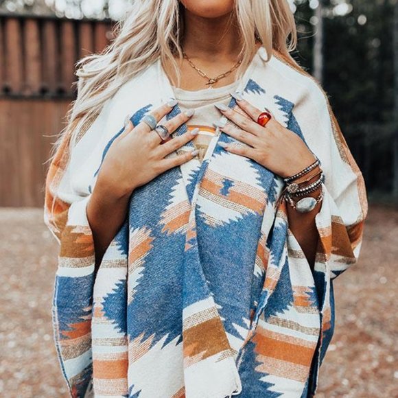 New Aztec Western Fringe Poncho Blanket Cardigan Sweater - Picture 2 of 7